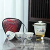 Tee -Sets Lanolin Jade White Porcelain Express Cup One Topf Drei Tassen Reise Tee -Set tragbare Vollauto -Tasche