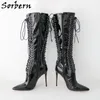 Sorbern Bottes noires brillantes personnalisées Femmes Femme High Multi Lace Up Boches Bottes High Talon Stilettos Point Toe Shoes