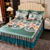 3pcs Set King Queen Size Floral Romantic Imprimé lit Jupe avec 2pcs tai-oreiller Summer Cool Bedpread Anti-Slip Cover Cover