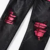 Jeans masculins High Street Rose en cuir rose Patchwork trous patchwork slim fit streetwear Designer Ripped