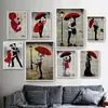 Retro -Paarliebhaber rot unter einem Regenschirm Leinwand Malerei Vintage -Paare und Drucke Wandkunst Bilder Hauszimmer Dekoration