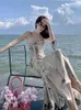 Sıradan Elbiseler Kadın Mürekkep Baskılı Şifon Midi Elbise Vintage Kolsuz İnce Moda Yaz Boho Sırtsız Tatil Plajı Vestidos Robe