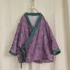 Женские блузки негабаритная рубашка Ramie Women v-образные Vintage Ladies Tops 2024 Summer Print Floral Blous
