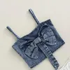 Kläder sätter 2st Kid Baby Girl Spaghetti Strap Bow Denim Crop Tops Polka prickar spetsskiktad kjol