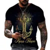 Camiseta masculina vintage, impressão de âncora em 3D de manga curta de tamanho grande, hip-hop, pescoço redondo, camisa unissex casual casual de verão