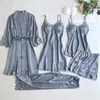 Home Clothing Champagne Flower Lace Silk Pajamas Pijamas Sexy Bride Bridesmaid Wedding Robe Set 5PCS Sleepwear Nightwear Kimono Bathrobe