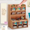 Parts Multifunction Wooden Desktop Pen Holder Office School Stationery Storage Stand Case Desk Pen Pencil Organizer