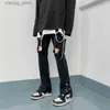 メンズジーンズメンブラックジーンズホールサイドスリットデザインファッションスリムデニム韓国スタイルオールマッチスプリングニューディントカジュアルエンパイアポピュラーL49
