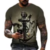 Camiseta masculina vintage, impressão de âncora em 3D de manga curta de tamanho grande, hip-hop, pescoço redondo, camisa unissex casual casual de verão