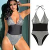 Women's Swimwear Halter Sexy Monokini Sparkling Sequin Patchwork With Lace-up High Waist Backless One-piece Bikini For Beachwear