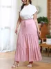 Plus Size Casual Monochromatic Pink Ruffled Laceup Long Skirt Elegant and Pretty Pleated Elastic Waist Summer Cake 2023 240328