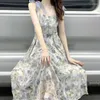 Casual Dresses 2024 Spring French Style Camisole Midjeband Womens Dress Sweet Print Ribbon Fairy Ruffled A-Line Midi Ladies 30806