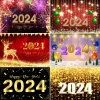 Benvenuto 2024 Happy New Year Backdrop Glitter Fireworks Balloons Champagne Photocall Decorazioni di sfondo per feste di Capodanno