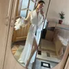 Bridal Long Kimono Robe Gown Mesh&Feather Patchwork Bathrobe Summer Perspective Nightgown Lingerie V-Neck Wedding Sleepdress