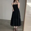 Casual jurken Koreaanse chique zomer vintage zwarte jurk vierkante kraag blootgestelde sleutelbeen sexy vouw afslank mouwloze slip voor vrouwen
