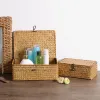뚜껑 사각형 해초 직조 상자의 옷 세탁 바구니 바구니 스토리지 박스 가정용 깔끔 주최자가있는 저장 바구니