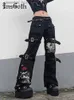 Women's Pants Capris InsGoth Y2K Punk Skull Printed Black Button Pants Harajuku High Waist Large Pocket Trousers Goth Mall Grunge Cargo Pants Techwear C240411