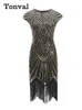 Party Dresses Tonval 1920 -talets bankett Elegant paljettklapp Kvinnor 2024 Cap Sleeve Bodycon Cocktail Vintage Fringe Dress