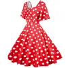 Robes de fête 2024 Fashion Femmes Flare Sleeve Polka Dot imprimé V Neck vintage rétro Pin Up Rockabilly Casual A Line Robe