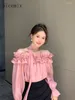 Camicette da donna primaverili rosa francese una spalla da camicia in chiffon da donna in stile coreano abbigliamento a maniche lunghe dolce
