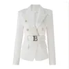 Stage Wear Femmale White Texture Coat Designs Women Blazer With Belt Chic Quality