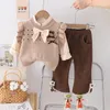 Kledingsets meisjes kleding lente herfst 2024 kinderen wollen jersey vest shirts broek 3 stks schattig pak voor baby kostuum kinderen outfits 4 5y