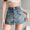 Streetwear Femmes Vintage Single Breasted Pockets Denim Shorts Summer High Taist Jirts Y2K Femme Black Jean 240411