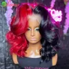 Half Pink Half Red Body Wave Lace Front Wigs For Women Pre-Plucked Red Pink Lace Frontal Human Hair Wigs 6x6 Lace Closure Wig