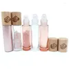 Opslagflessen Rose Quartz Rollerfles Roze Glas Essentiële olie Natural Bamboo Deksel Patroon Crystal edelsteen 10 stks