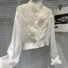 Blouses des femmes 2024 Fashion printemps d'été 3D Fleur plissée de chemises en soie brillantes et lâches à manches longues et à manches longues