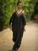 Basic casual jurken 2023 sexy koude schouder v nek vleermuizen mouw losse zomer strandjurk plus size dames strandkleding kaftan zwarte jurken q943 l49