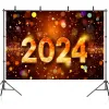 Benvenuto 2024 Happy New Year Backdrop Glitter Fireworks Balloons Champagne Photocall Decorazioni di sfondo per feste di Capodanno