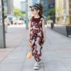 새로운 십대 소녀 의류 세트 여름 아이 짧은 소매 스웨트 셔츠 + 롬 퍼 바지 2pcs 어린이 옷 정장 6 8 10 12 년