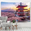 Tapestries Fluorescent Japanese Tapestry Laacco With Pink Cherry Blossom Wall -mounted Fuji Ancient Temple Printing Home Decoration