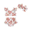 Dames badkleding 6m-3t kleuterschool kinder 3-delige zwempak met vliegende mouwen gestreepte gesplitste bikini set Seaside Summer Beach Headwar