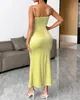 Casual Dresses Fashion Women Dress Summer Vacation Elegant Low Cut Floral Embroidery Spaghetti Strap Satin Straight BodyCon Midi