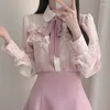 Dames blouses oceanlove chiffon vrouwen tops ruches Koreaanse mode vintage blusas mujer boog elegante lente herfst roze shirts