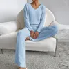 Home Clothing Ripped Strick Pyjama Set Langarm gemütlich gestrickte Pulloverhosen mit V -Hals -Taschen für Herbst Winter Homewear