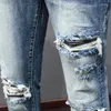 Mäns jeans high street mode män retro blå stretch mager fit rippad läder lapped designer hip hop varumärke byxor hombre