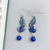 Boucles d'oreilles en peluche 925 Silver Blue Email Phoenix Tassel pour femmes Lapis Lazuli Chinois Style Exagéré