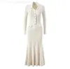 Basic Casual Dresses EFATZP White Knitted Long Skirt for Womens 2024 Early Spring New French Elegant V-neck Long Skirt C240411