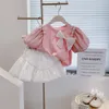 Girls Clothing Set 2023 Summer New Girls Baby Streaming Pearl Short Sleeve T-shirt Yarn Skirt Pants 2 Piece Set for Children