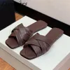 Slippers Summer Women Genuine Leather Cross Strap String Bead Slides Square Peep Toe Cosy Flat Mules Casual Woman