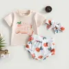 Focusnorm 3st Baby Girl Clothes Set Letter Kort ärm T-shirts Floral/Butterfly/Peach Print Shorts Pannband Set 0-24m