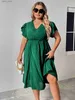 Vestidos casuais básicos de tamanho excedente de pescoço suíço A-line Vestido férias férias de verão casual boho cintura elástica de tamanho grande elegante vestidos midi l49