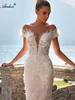 Elegance Lace 2 In 1 Mermaid Wedding Dress Stunning Beading Appliques Lace With Removable Silky Tulle Train Illusion V-Neck Shoort Sleeves Trumpet Bridal Gowns