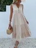 Jim Nora Casual Summer Midi Dress Women Sleeveless Tank V Neck Button Ruffle Loose Dresses Beach Soild Sundress Fashion 240411