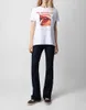 Zadig Voltaire 2024 Summer Women Flame Red Lips Smoke3DデジタルプリントTシャツPure Cotton Women's White Round Neck短袖Tシャツトレンディカジュアルティートップス