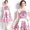 Casual Dresses 2024 Summer Vintage Blue and White Porcelain Print Vest Dress Women O Neck Sleeveless Slim High midja A-Line Midi Party