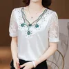 Sommer Neues Stickerei Net Garn Patchwork T -Shirt Tops v Hals Kurzschleife Solid lose Pullover Vintage Elegante Frauen Kleidung